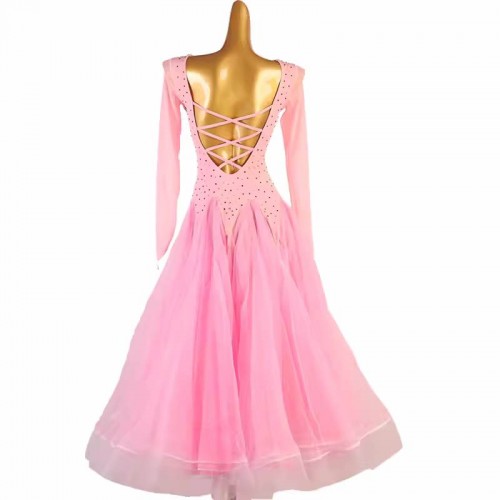 Pink rhinestones competition ballroom dance dresses for women girls waltz tango foxtrot smooth dance long gown party modern dance large swing skirts for girls 
